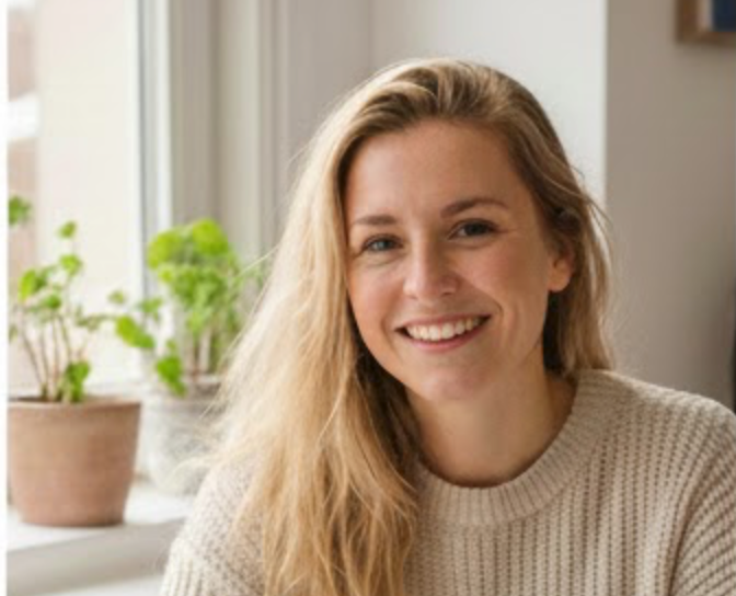 Femme avec cheveux blonds et plante.