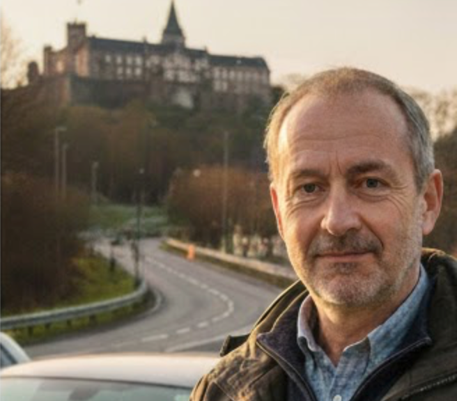 Un homme avec un château en arrière-plan.